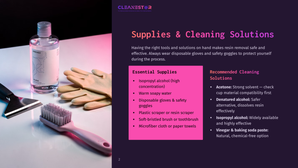 Pink Resin Cleaning Brush, Scraper, And Bottle Of Isopropyl Alcohol On A White Surface, With A List Of Essential Cleaning Supplies And Recommended Solutions.
