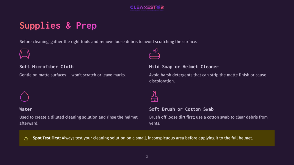 Supplies &Amp; Prep Graphic For Helmet Cleaning: Soft Microfiber Cloth, Mild Soap Or Helmet Cleaner, Water, And Soft Brush Or Cotton Swab. Includes A Warning To Spot Test First.