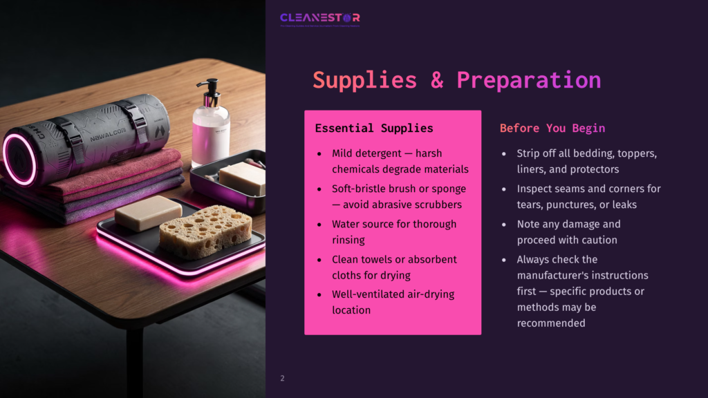 Cleanestor Supplies For Cleaning Bedding: Mild Detergent, Brush, Water, Towels, And A Well-Ventilated Space. Preparation Includes Inspecting Seams And Checking For Tears.