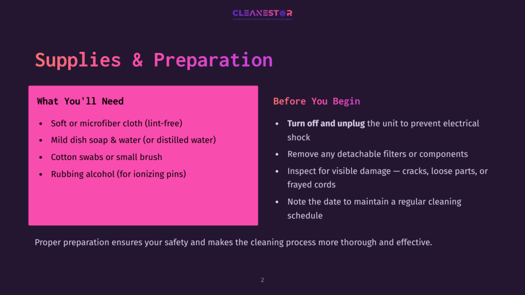 A Slide Titled &Quot;Supplies &Amp; Preparation&Quot; From Cleanestor, Listing Necessary Items Like Microfiber Cloths And Rubbing Alcohol, And Preparation Steps Like Unplugging The Unit And Removing Filters.
