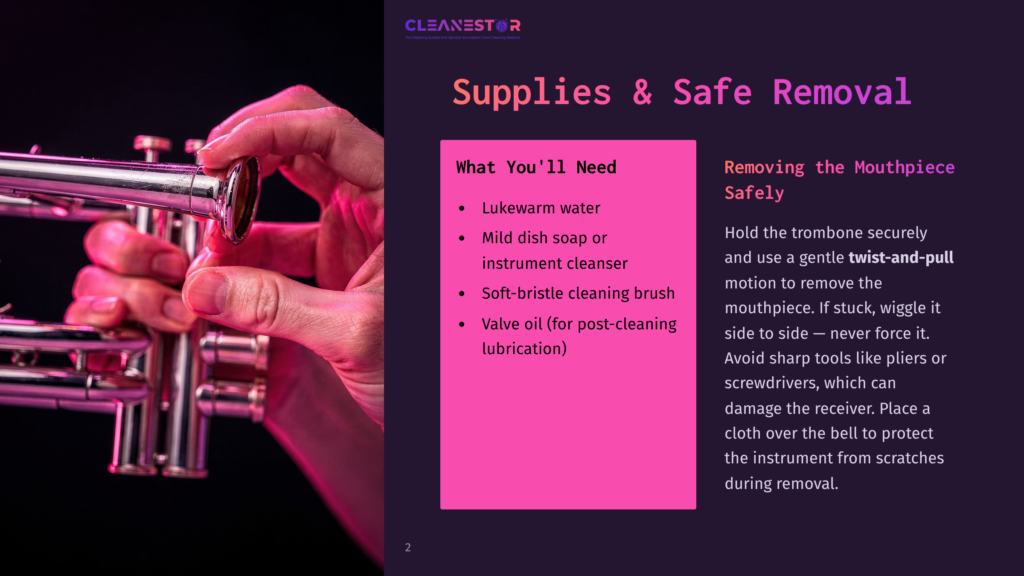 2 Supplies And Safe Removal A Close-Up View Of A Hand Holding A Trumpet With A Pink Background And Text Overlay. The Text Provides Information On The Supplies Needed For Cleaning A Trumpet Mouthpiece And The Safe Removal Method.