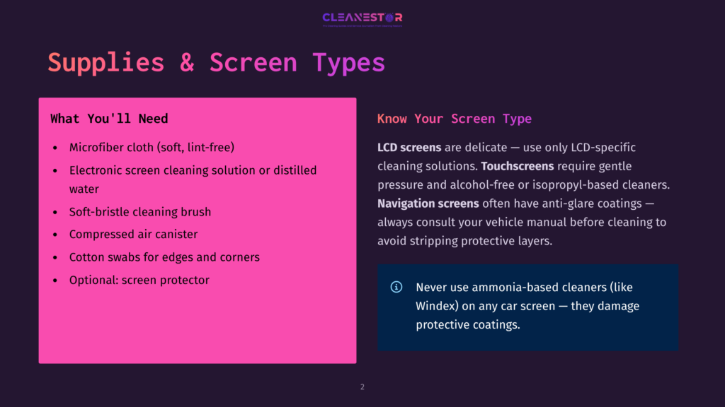 Supplies &Amp; Screen Types: Microfiber Cloth, Electronic Screen Cleaning Solution, Soft-Bristle Brush, Compressed Air, Cotton Swabs For Edges, And Optional Screen Protector. Also, Information On Lcd, Touchscreens, And Navigation Screens, With A Warning About Ammonia-Based Cleaners.