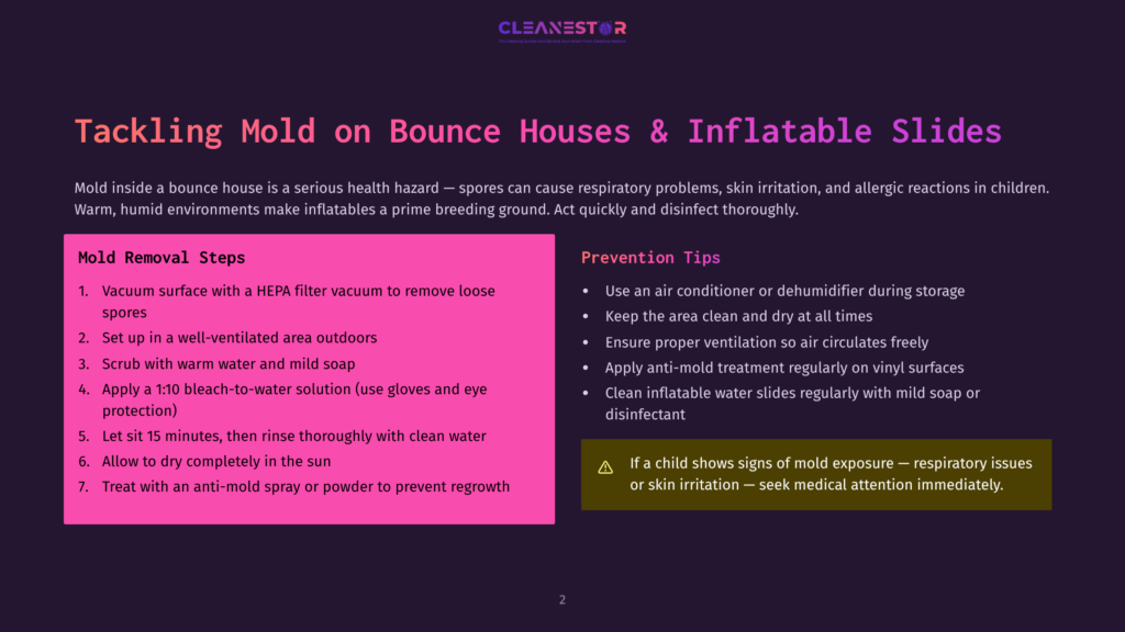 Presentation Slide Titled &Quot;Tackling Mold On Bounce Houses &Amp; Inflatable Slides&Quot;. Lists Mold Removal Steps And Prevention Tips, Including Using A Hepa Vacuum And Air Conditioner.