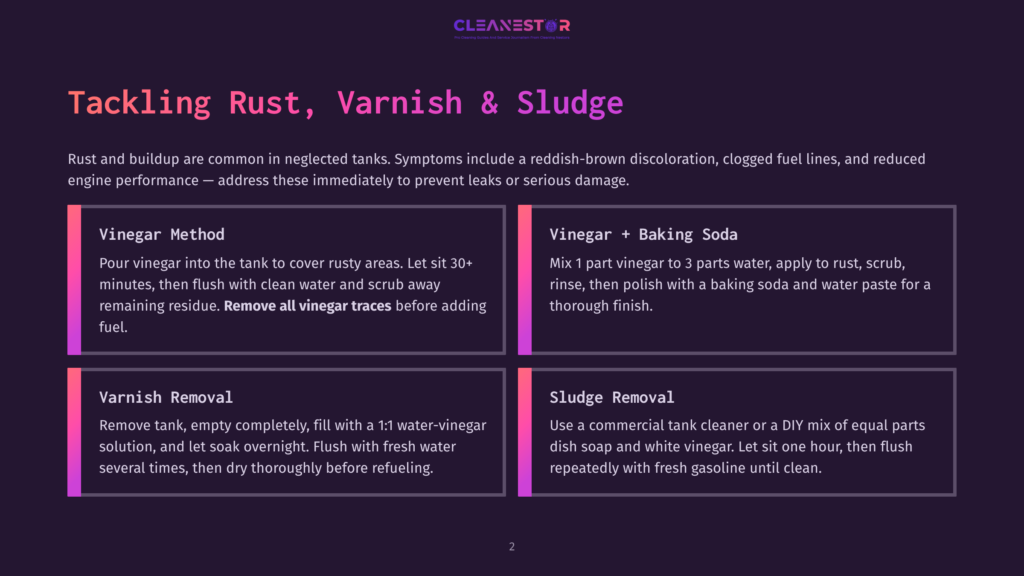 2 Tackling Rust Varnish And Sludge Infographic Detailing How To Tackle Rust, Varnish, And Sludge In Fuel Tanks. It Presents Four Methods: Vinegar Method, Vinegar + Baking Soda, Varnish Removal, And Sludge Removal, With Step-By-Step Instructions For Each.
