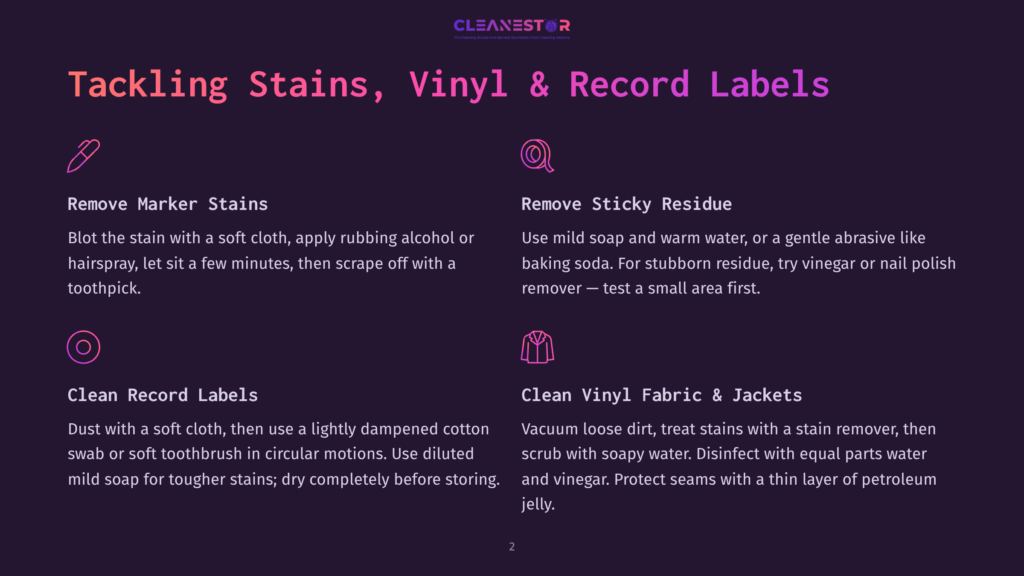 Tackling Stains, Vinyl &Amp; Record Labels: A Guide To Cleaning Marker Stains, Sticky Residue, Record Labels, And Vinyl Fabric With Cleaning Tips And Icons.