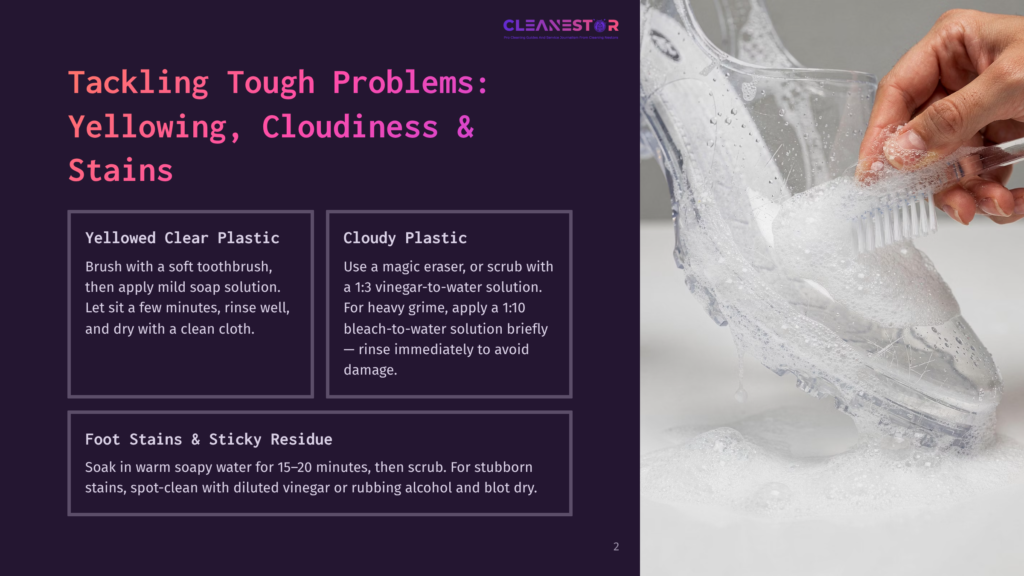 Close-Up Of A Hand Scrubbing A Clear Plastic Shoe With A White Brush And Soapy Water. The Shoe Is Yellowed And Cloudy, Showing The Cleaning Process For Tackling Tough Plastic Problems Like Yellowing, Cloudiness, And Stains.