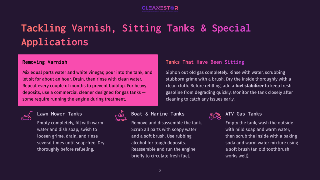 Text Overlay On A Dark Purple Background With A Gradient. The Text Reads &Quot;Cleanestor&Quot; At The Top, Followed By &Quot;Pro Cleaning Services And Home Services Automation&Quot;. Below That Is &Quot;Tackling Varnish, Sitting Tanks &Amp; Special Applications&Quot;. Sections Include &Quot;Removing Varnish&Quot;, &Quot;Tanks That Have Been Sitting&Quot;, &Quot;Lawn Mower Tanks&Quot;, &Quot;Boat &Amp; Marine Tanks&Quot;, And &Quot;Atv Gas Tanks&Quot;, With Accompanying Icons And Descriptions.