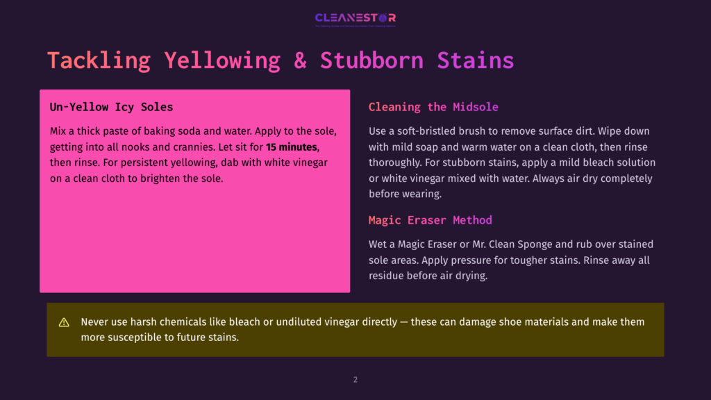 2 Tackling Yellowing And Stubborn Stains A Presentation Slide Titled &Quot;Tackling Yellowing &Amp; Stubborn Stains&Quot; From Cleanestor, Offering Cleaning Tips For Shoe Soles And Midsoles Using Baking Soda, Vinegar, And Magic Eraser.