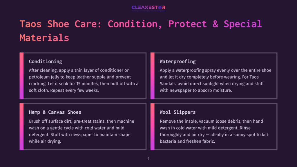Infographic Detailing Taos Shoe Care: Conditioning Leather, Waterproofing, Cleaning Hemp &Amp; Canvas Shoes, And Caring For Wool Slippers, With Instructions And Tips.