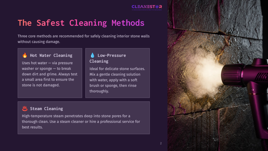 A High-Pressure Steam Cleaner Is Used To Clean A Textured Stone Wall, With Steam Billowing Around The Nozzle. The Image Highlights Safe Stone Cleaning Methods.