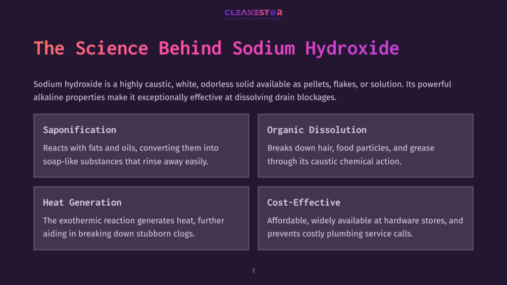 Graphic Detailing The Science Behind Sodium Hydroxide For Cleaning, With Sections On Saponification, Organic Dissolution, Heat Generation, And Cost-Effectiveness.