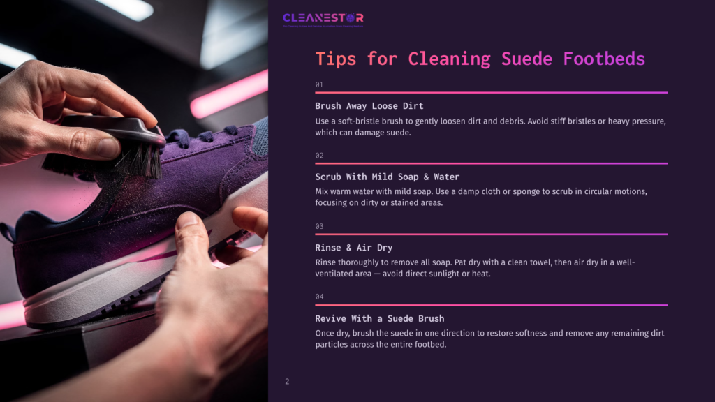 Close-Up Of Hands Using A Soft Brush To Clean Purple Suede Sneakers, With A Text Overlay Detailing Cleaning Tips For Suede Footbeds.
