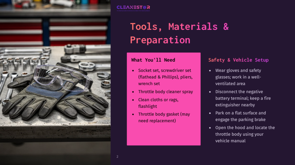 2 Tools Materials And Preparation 1 A Workbench With Tools, Gloves, And Safety Glasses, Next To A Pink Panel Listing &Quot;Tools, Materials &Amp; Preparation&Quot; And &Quot;Safety &Amp; Vehicle Setup&Quot; For Car Cleaning.