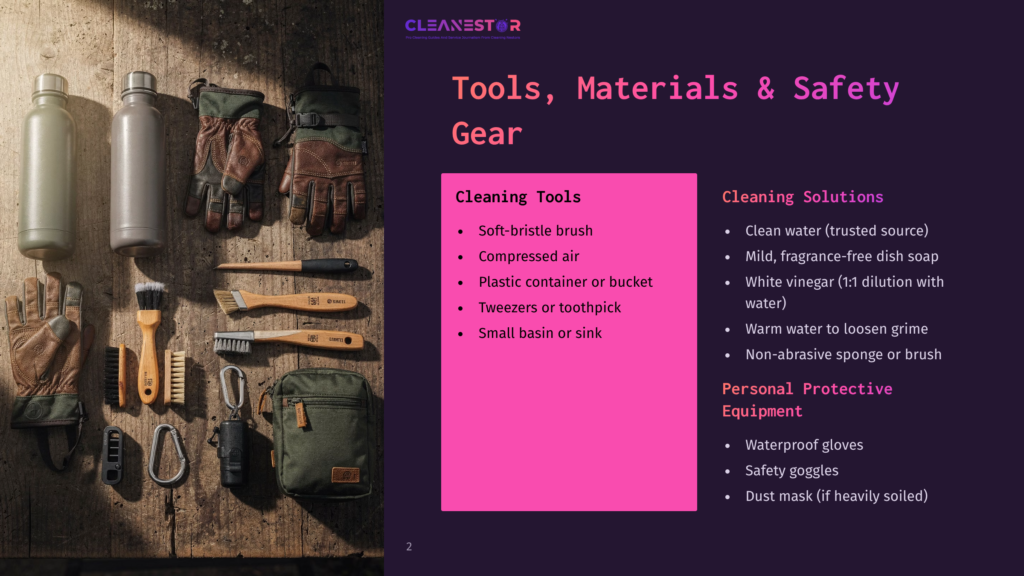 A Collection Of Cleaning Tools And Safety Gear, Including Gloves, Brushes, A Water Bottle, And A Zippered Pouch, Are Laid Out On A Textured Wooden Surface. The Image Also Features Text From A Presentation Slide Listing &Quot;Cleaning Tools&Quot; And &Quot;Cleaning Solutions&Quot; With Bullet Points.