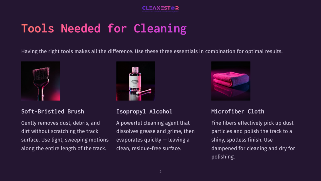 Three Cleaning Tools: A Soft-Bristled Brush, A Bottle Of Isopropyl Alcohol, And Microfiber Cloths, Displayed On A Dark Background With Purple And Pink Lighting.