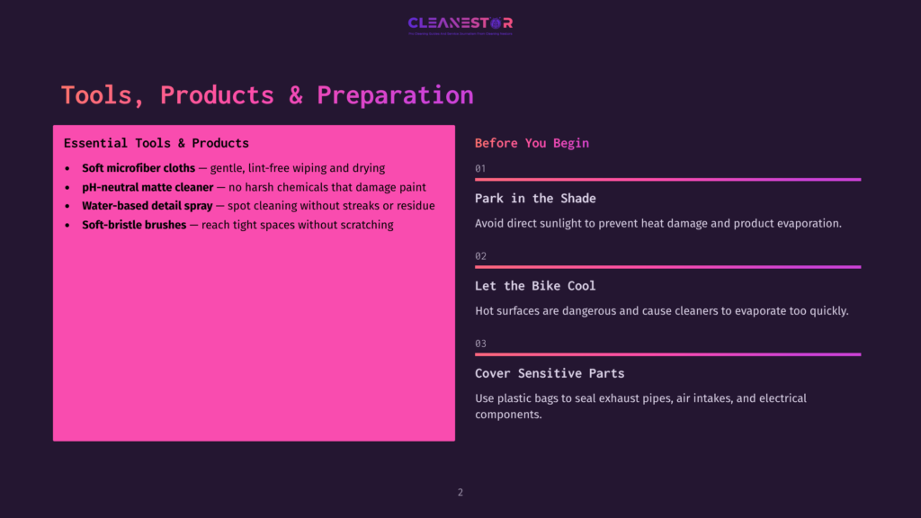Dark Background With Pink Overlay Listing Essential Tools And Products For Cleaning A Bike, Including Microfiber Cloths, Ph-Neutral Cleaner, Water-Based Detail Spray, And Soft-Bristle Brushes, Along With Preparation Tips Like Parking In The Shade And Covering Sensitive Parts.