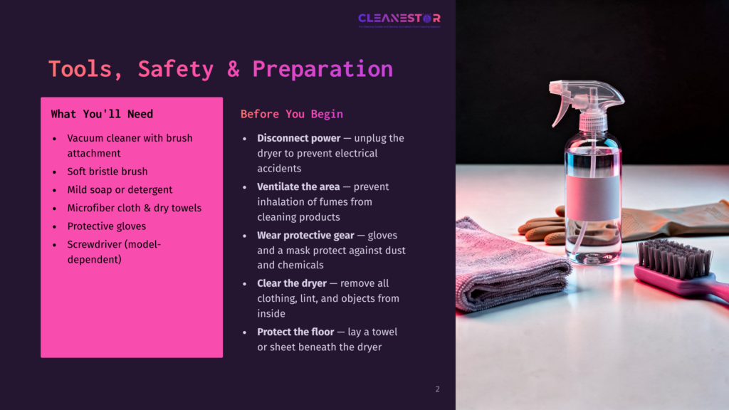 A Checklist Of Safety Tips And Preparation Steps To Clean A Dryer, Featuring A Spray Bottle, Gloves, And A Screwdriver On A Table, With A Towel And Brush Nearby.