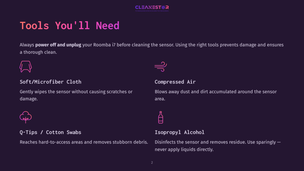 Cleanestor Logo. Tools You'Ll Need: Soft/Microfiber Cloth, Compressed Air, Q-Tips/Cotton Swabs, Isopropyl Alcohol For Roomba I7 Cleaning.