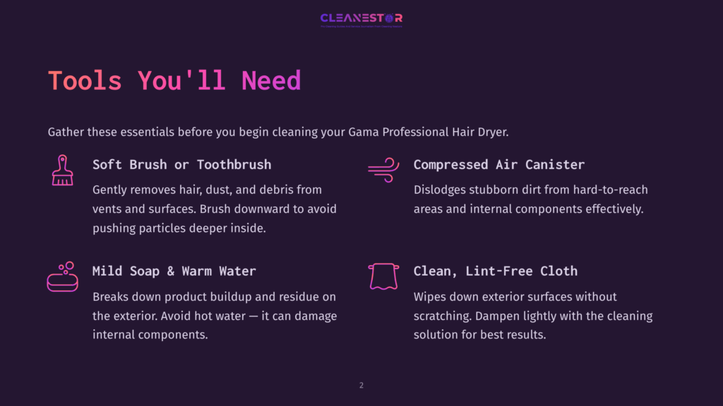 Cleanestor Logo With Text &Quot;Pro Cleaning Services And Professional Hair Cleaning Solutions&Quot; Above A List Of Hair Dryer Cleaning Tools: Soft Brush, Toothbrush, Mild Soap, Warm Water, And Compressed Air Canister.