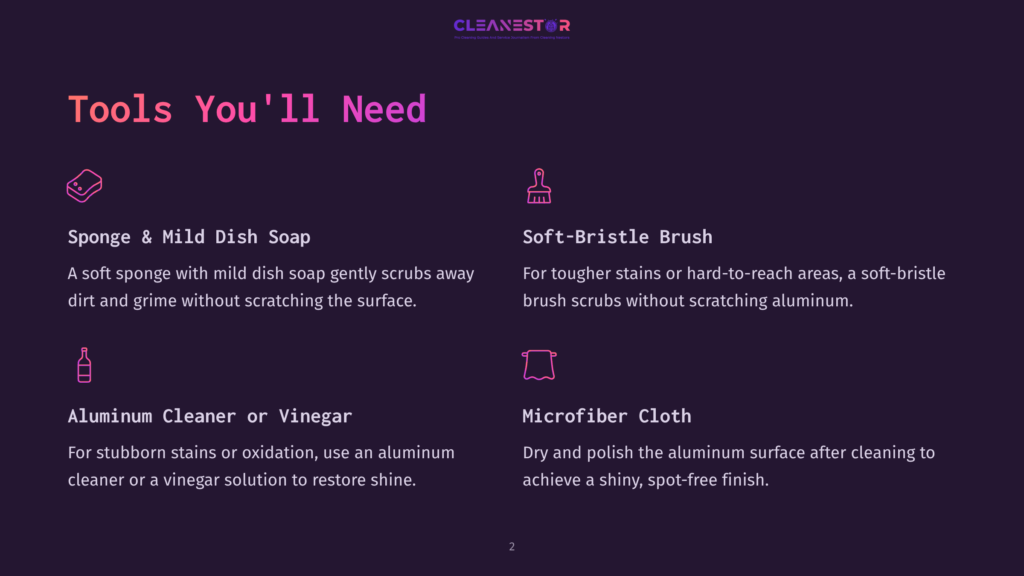 Tools Needed For Cleaning Aluminum: Sponge, Mild Dish Soap, Soft-Bristle Brush, Aluminum Cleaner Or Vinegar, And Microfiber Cloth. Text Lists Cleaning Supplies.