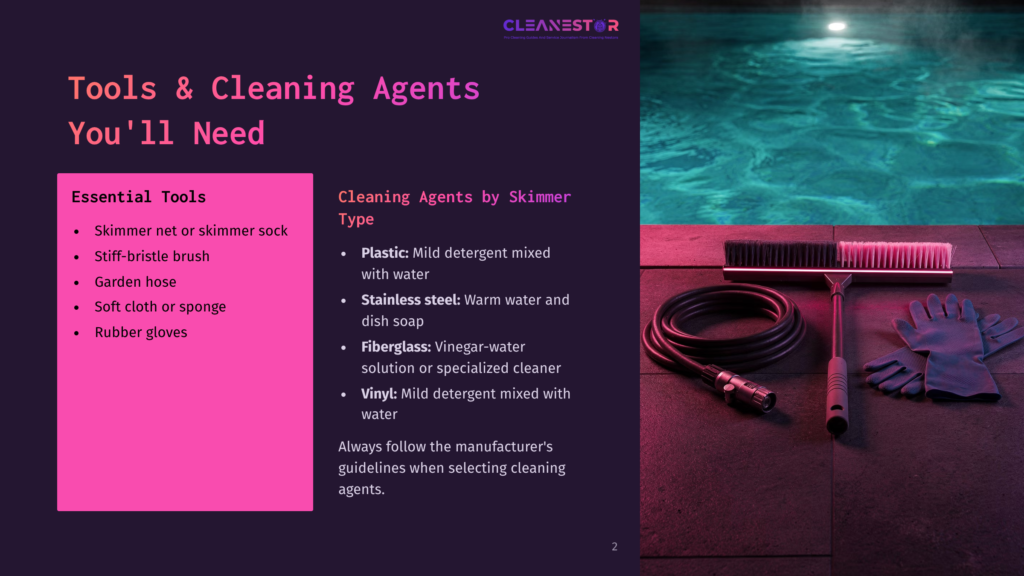 2 Tools And Cleaning Agents Youll Need Pool Cleaning Tools And Agents: A Brush, Hose, Gloves, And Cleaning Solutions, Set Against A Backdrop Of A Sparkling Blue Pool And A Dark Surface.