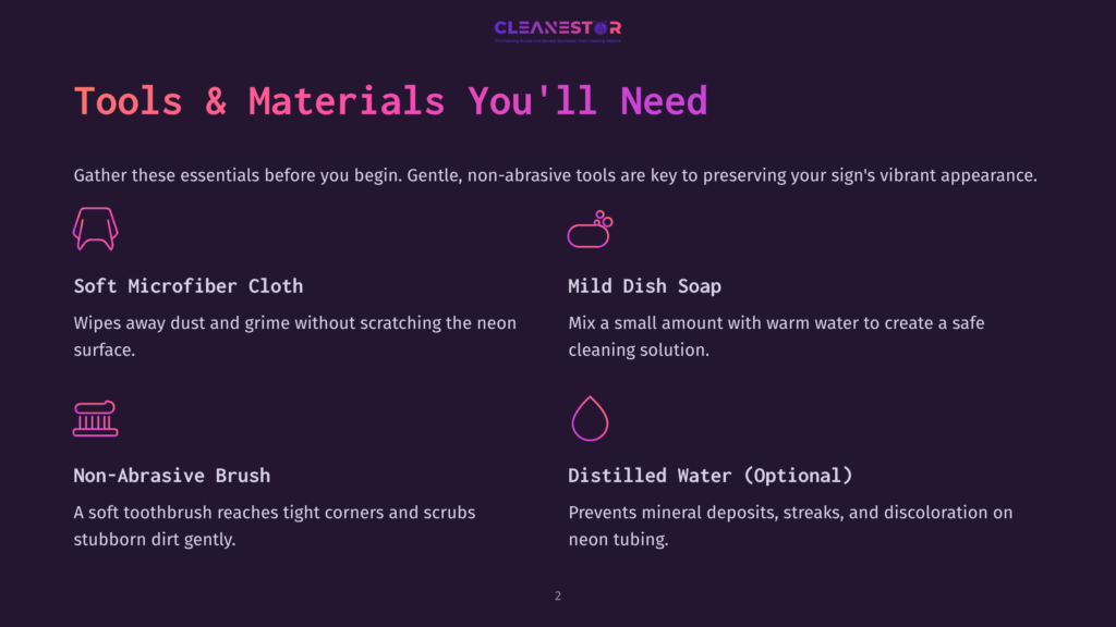 Tools And Materials Needed For Cleaning A Neon Sign: A Soft Microfiber Cloth, Mild Dish Soap, A Non-Abrasive Brush, And Distilled Water, With Icons For Each Item.