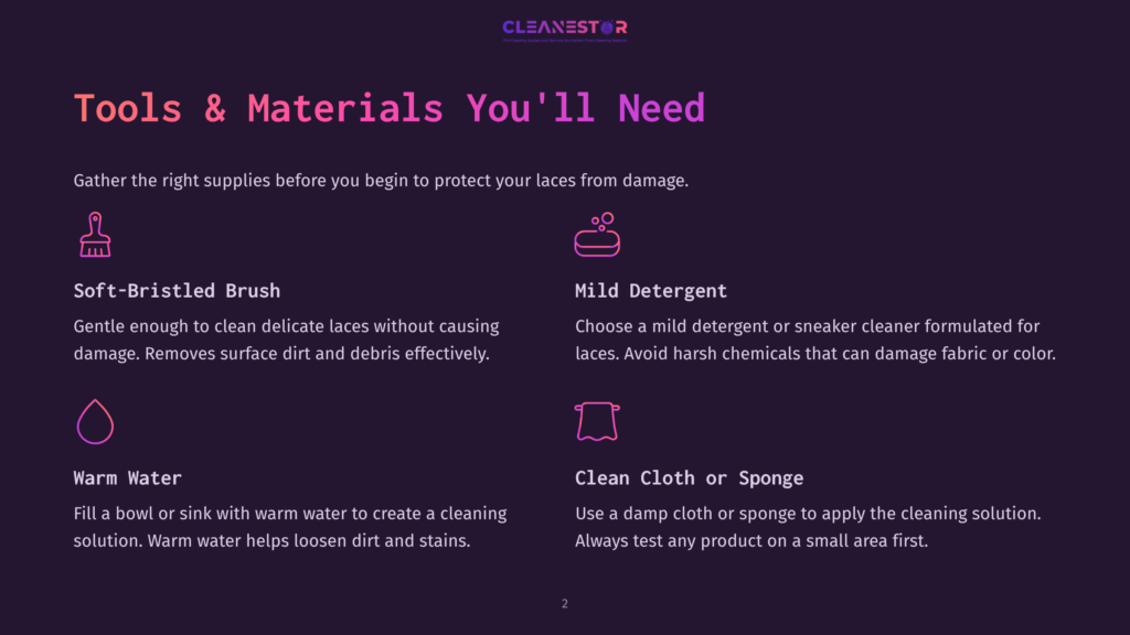 Tools And Materials For Cleaning Shoelaces: Soft-Bristled Brush, Mild Detergent, Warm Water, And A Clean Cloth Or Sponge. Text Lists Cleaning Supplies.