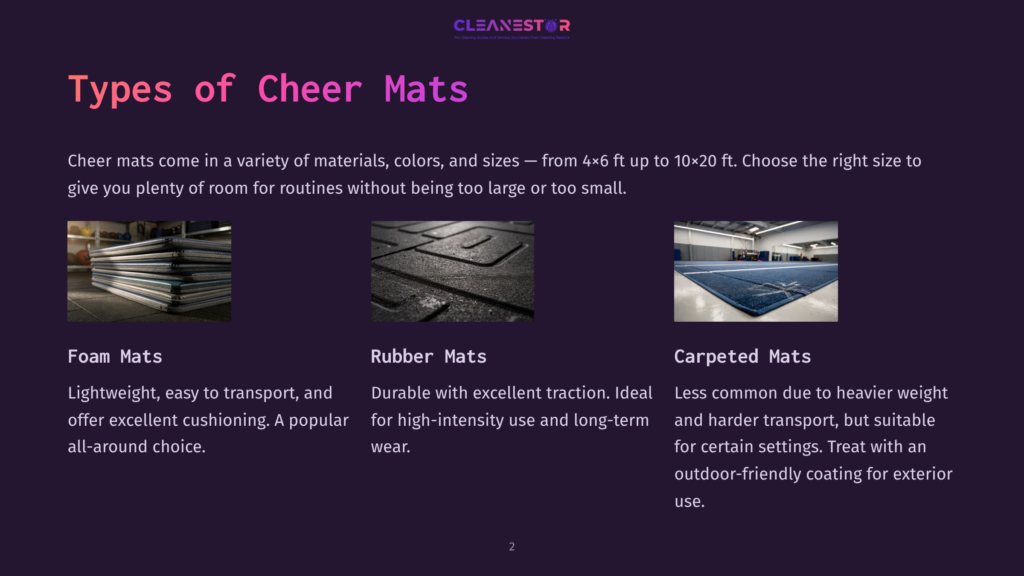 Three Types Of Cheer Mats: Stacked Foam Mats, A Textured Rubber Mat, And A Carpeted Mat In A Gym.