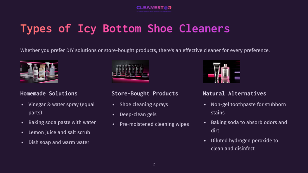 2 Types Of Icy Bottom Shoe Cleaners 1 Three Columns Detailing Diy, Store-Bought, And Natural Alternative Icy Bottom Shoe Cleaners. The Left Column Shows Cleaning Supplies, The Middle Shows Shoe Cleaning Products, And The Right Shows Toothpaste And Hydrogen Peroxide.