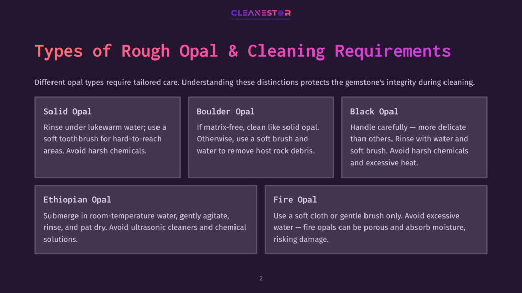 2 Types Of Rough Opal And Cleaning Requirements Types Of Rough Opal &Amp; Cleaning Requirements: Solid Opal, Boulder Opal, Black Opal, Ethiopian Opal, And Fire Opal Cleaning Tips Are Presented In A Dark Purple Infographic With Text And Distinct Boxes For Each Opal Type.