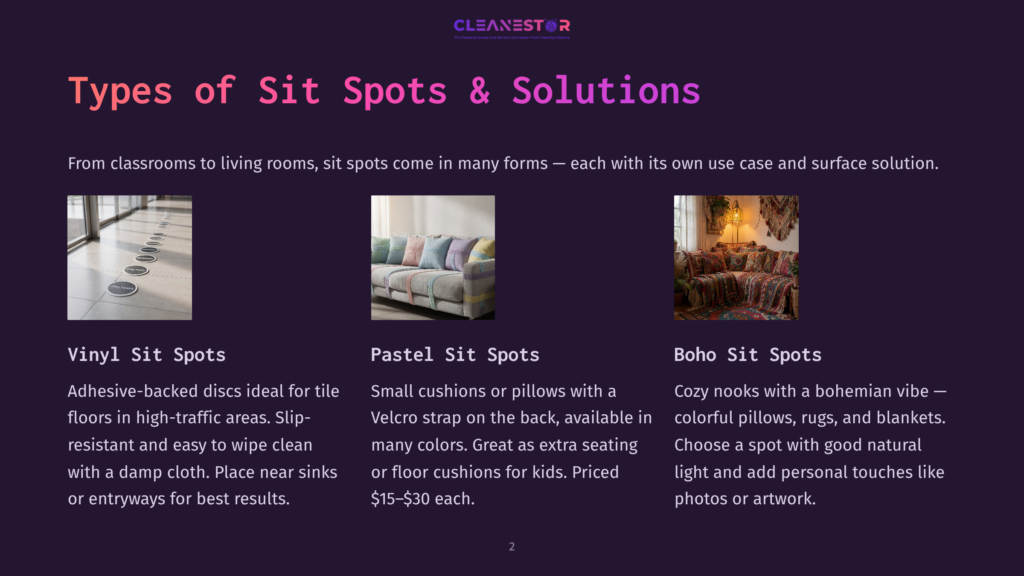 A Split Image Showcasing Three Types Of Sit Spots: Vinyl Sit Spots On A Polished Floor, Pastel Sit Spots On A Colorful Striped Couch, And Boho Sit Spots Featuring Vibrant Pillows And Throws On A Couch.