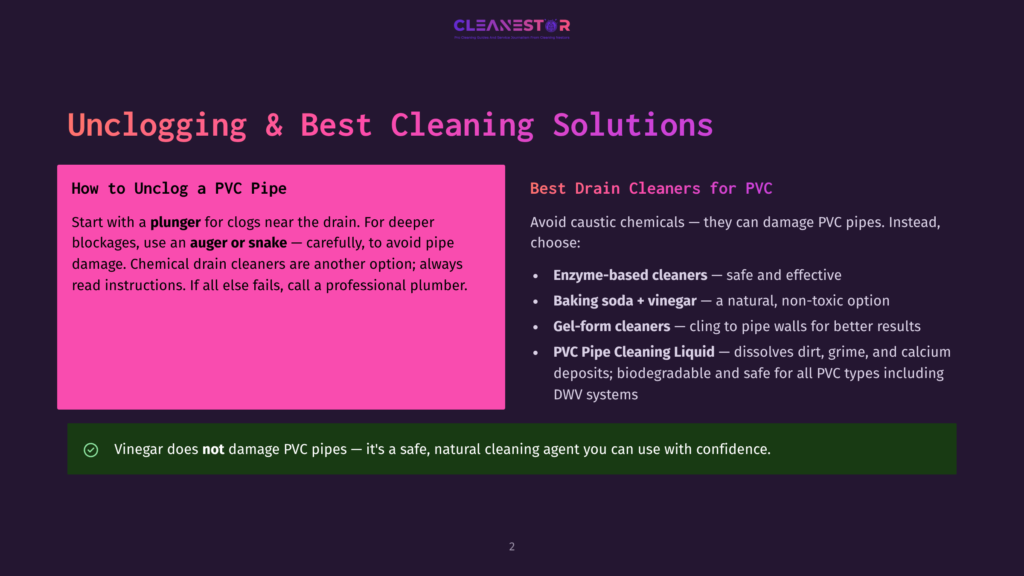 2 Unclogging And Best Cleaning Solutions Unclogging &Amp; Best Cleaning Solutions: How To Unclog A Pvc Pipe With A Plunger, Auger, Or Snake. Avoid Caustic Chemicals; Use Enzyme-Based Cleaners, Baking Soda + Vinegar, Or Pvc Pipe Cleaning Liquid.