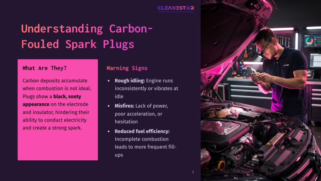 2 Understanding Carbon Fouled Spark Plugs A Mechanic Inspects A Carbon-Fouled Spark Plug Under The Hood Of A Car, With &Quot;Understanding Carbon-Fouled Spark Plugs&Quot; And &Quot;Warning Signs&Quot; Text Overlays.