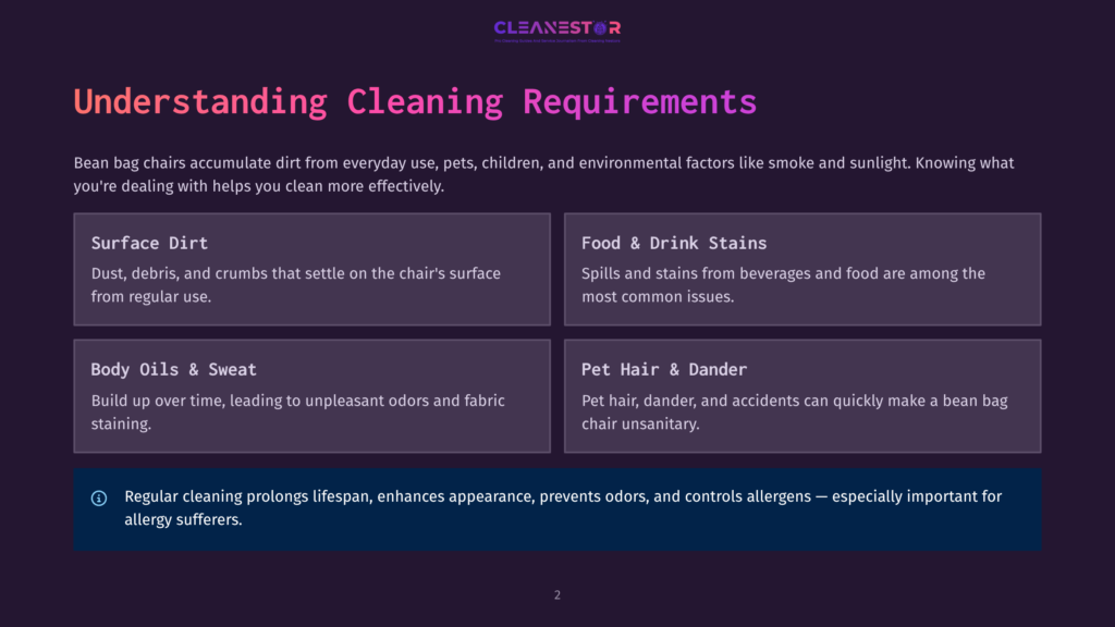 Infographic Titled &Quot;Understanding Cleaning Requirements&Quot; Detailing Common Sources Of Dirt On Bean Bag Chairs: Surface Dirt, Food &Amp; Drink Stains, Body Oils &Amp; Sweat, And Pet Hair &Amp; Dander. A Note About Regular Cleaning Is Also Present.
