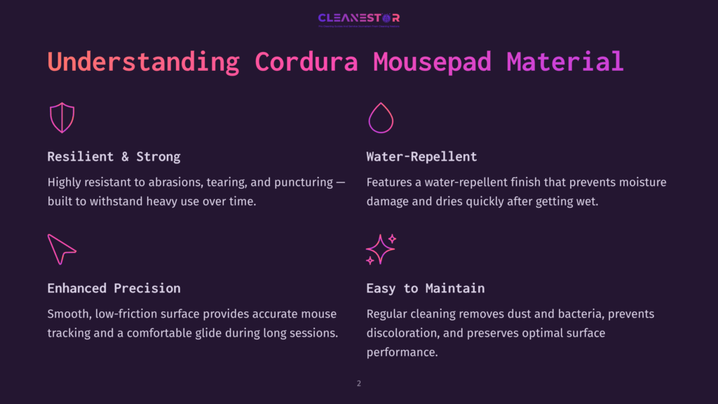 Infographic Detailing The Benefits Of Cordura Mousepad Material: Resilience, Water-Repellency, Enhanced Precision, And Easy Maintenance. Text Includes &Quot;Understanding Cordura Mousepad Material.