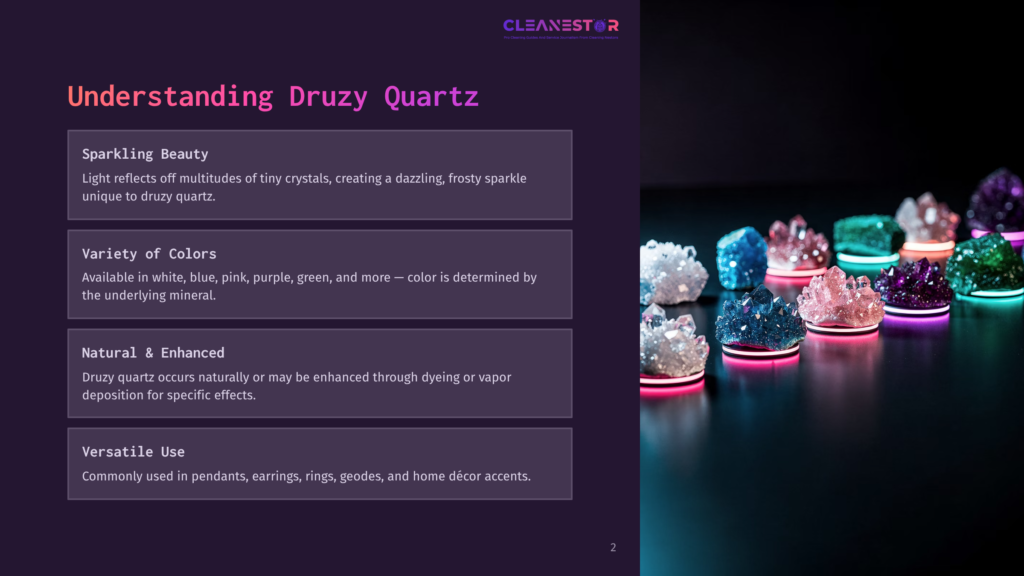 A Collection Of Druzy Quartz Crystals In Various Vibrant Colors Like Blue, Pink, Purple, And Green, Illuminated From Below By Soft Pink And White Lights, Creating A Sparkling And Enchanting Display.