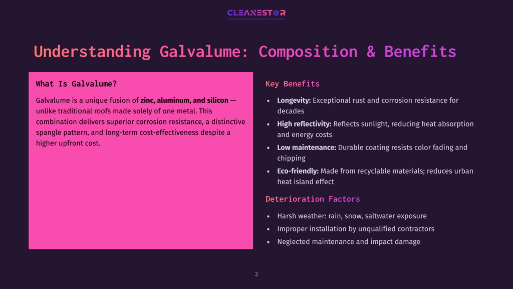 2 Understanding Galvalume Composition And Benefits Presentation Slide Titled &Quot;Understanding Galvalume: Composition &Amp; Benefits&Quot; Detailing Galvalume'S Unique Fusion Of Zinc, Aluminum, And Silicon, Highlighting Its Longevity, High Reflectivity, Low Maintenance, And Eco-Friendly Properties.