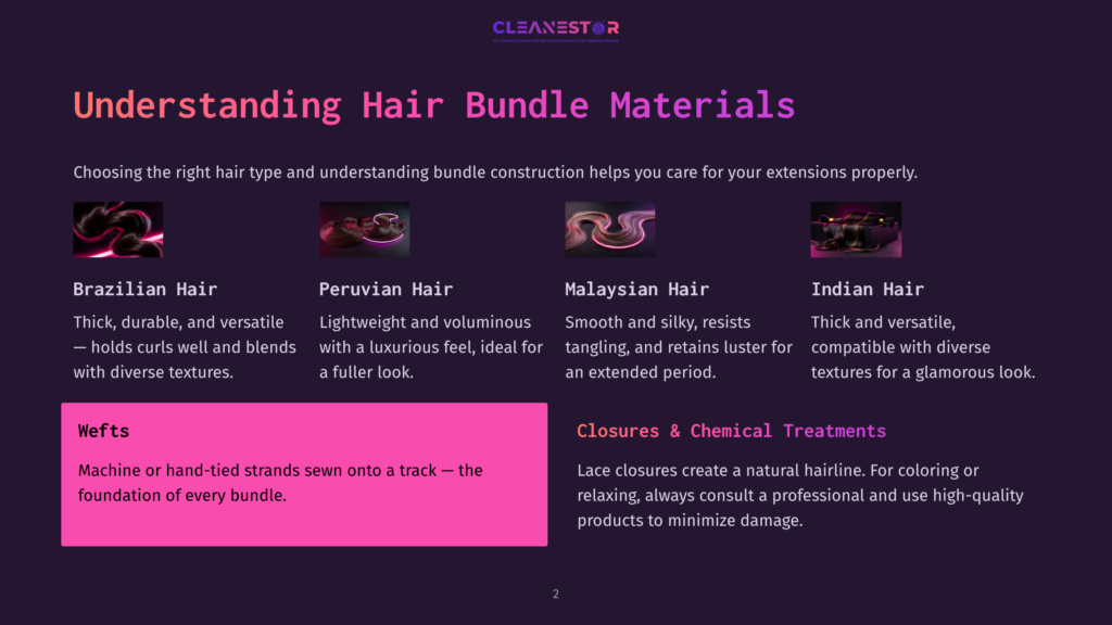Understanding Hair Bundle Materials: Brazilian, Peruvian, Malaysian, And Indian Hair Types, Plus Wefts, Closures, And Chemical Treatments.