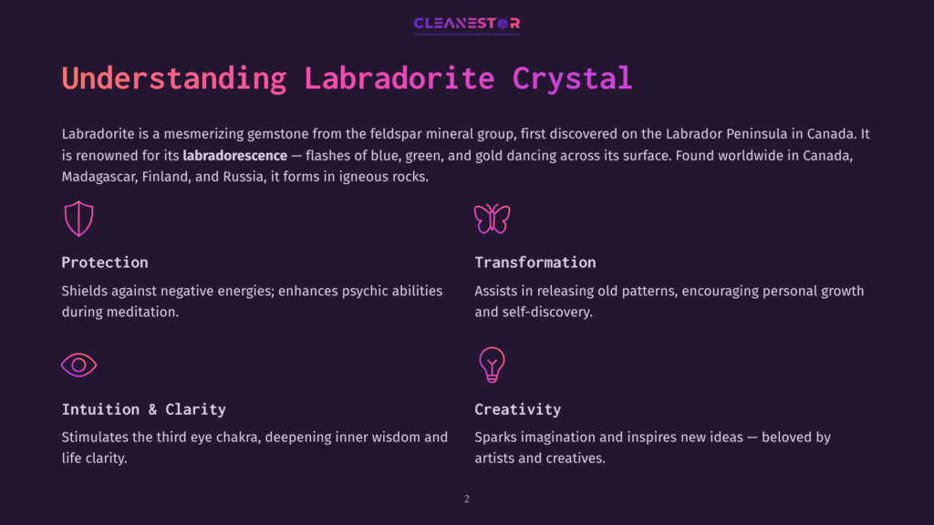 A Dark Purple Background With The Text &Quot;Cleanestor&Quot; At The Top, And The Title &Quot;Understanding Labradorite Crystal.&Quot; Below Are Four Icons With Descriptions: Protection, Transformation, Intuition &Amp; Clarity, And Creativity. The Text Discusses The Properties And Origins Of The Labradorite Gemstone.