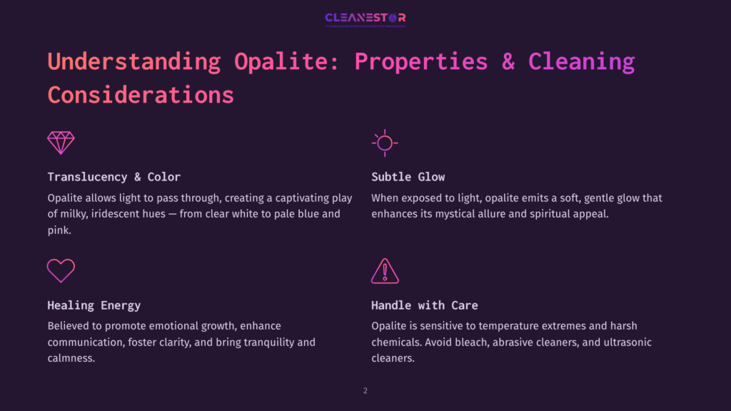 Infographic Titled &Quot;Understanding Opalite: Properties &Amp; Cleaning Considerations&Quot; With Icons For Translucency, Glow, Healing Energy, And Care Instructions.