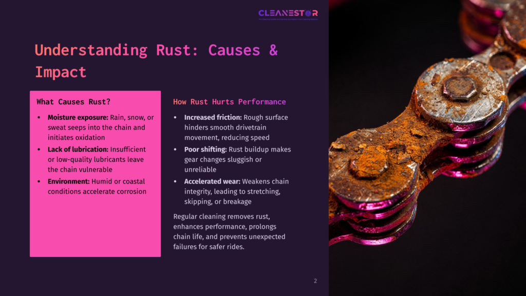 2 Understanding Rust Causes And Impact Close-Up Of A Rusty Bicycle Chain Against A Dark Background With Text Overlay On The Left Side Explaining Causes Of Rust And Its Impact On Performance.