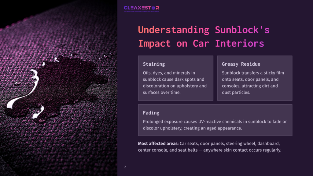 Close-Up Of A Dark Purple Car Interior Fabric With A Large Water Stain, Highlighting The Negative Effects Of Sunblock On Car Interiors, Including Staining And Greasiness.