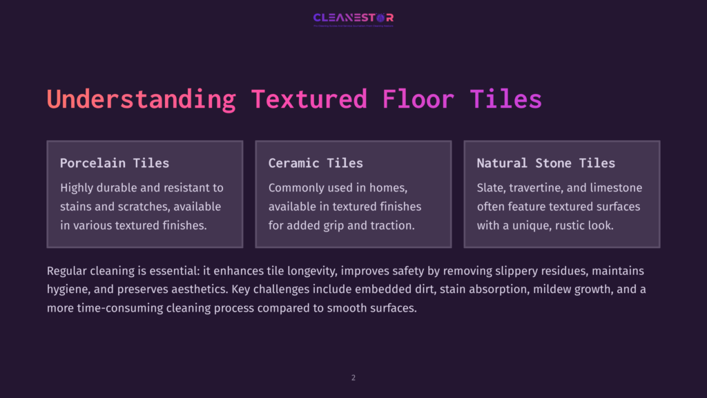 Understanding Textured Floor Tiles: A Graphic Comparing Porcelain, Ceramic, And Natural Stone Tiles, Detailing Their Properties And Benefits For Cleaning And Durability.