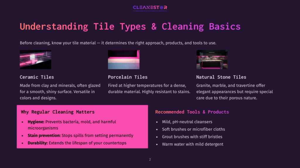 2 Understanding Tile Types And Cleaning Basics A Vibrant Infographic With Three Sections On Tile Types And Cleaning Basics. The First Section Displays Ceramic Tiles, Showcasing Their Smooth, Shiny Surface And Versatility In Colors And Designs. The Second Section Features Porcelain Tiles, Emphasizing Their Dense, Stain-Resistant Nature Due To Higher Firing Temperatures. The Third Section Illustrates Natural Stone Tiles, Highlighting Their Elegant Appearances And Special Care Needs Due To Porosity.