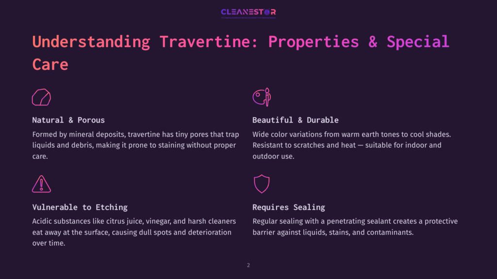 Infographic On Understanding Travertine Properties And Special Care. Illustrates Natural And Porous, Beautiful And Durable, Vulnerable To Etching, And Requires Sealing.