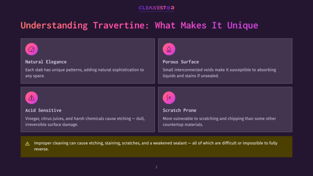 2 Understanding Travertine What Makes It Unique Infographic Titled &Quot;Understanding Travertine: What Makes It Unique&Quot; Detailing Its Natural Elegance, Porous Surface, Acid Sensitivity, And Scratch Proneness, With A Warning About Improper Cleaning.