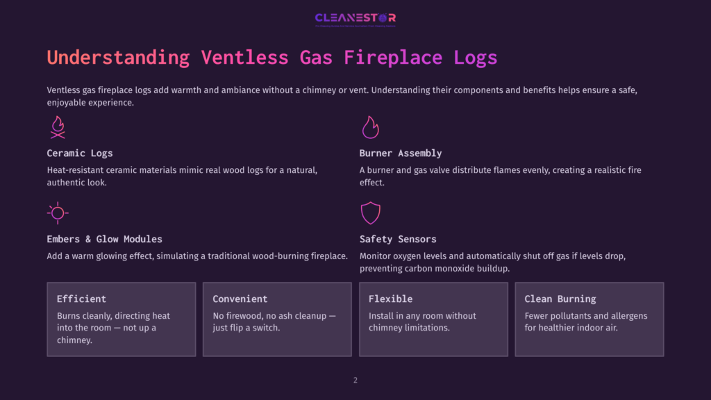 2 Understanding Ventless Gas Fireplace Logs Cleanestor Logo Above Text Detailing Ventless Gas Fireplace Logs, Including Ceramic Logs, Burner Assembly, Embers &Amp; Glow Modules, And Safety Sensors, With Features Like Efficient, Convenient, Flexible, And Clean Burning.