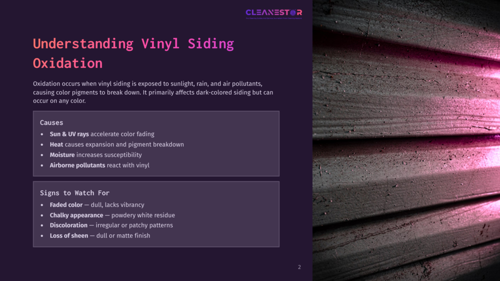 Dark-Colored Vinyl Siding With Streaks Of Pink Light, Showing Signs Of Oxidation, With Text &Quot;Understanding Vinyl Siding Oxidation&Quot; And &Quot;Causes&Quot; And &Quot;Signs To Watch For&Quot; Visible.