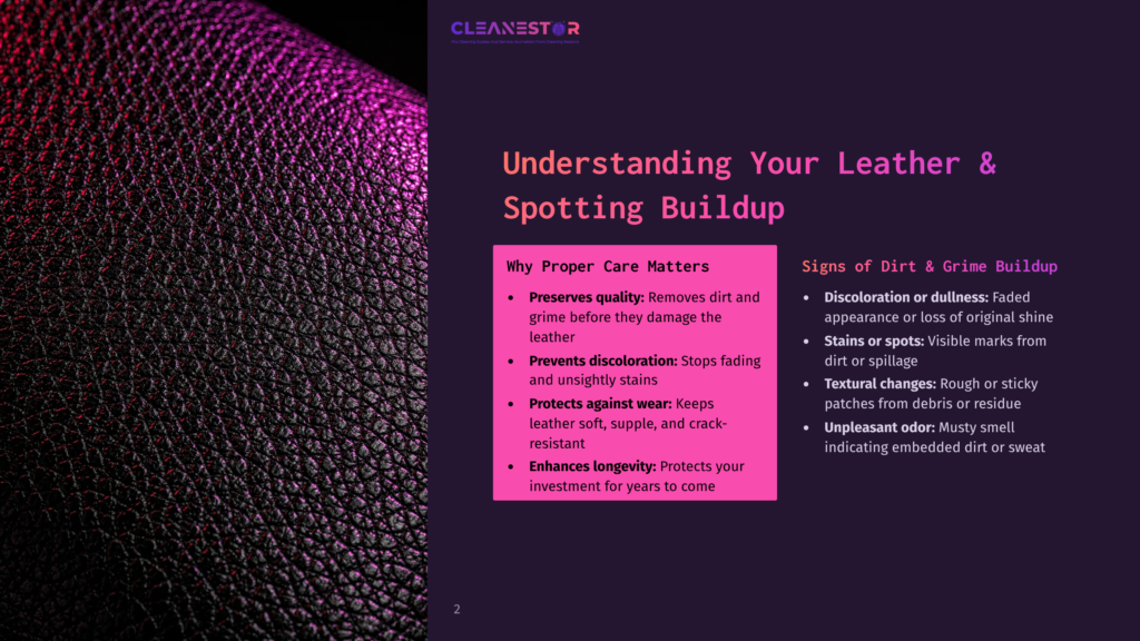Close-Up Of Black Leather Texture With A Vibrant Pink-Purple Gradient Overlay. Text Reads &Quot;Cleanestor&Quot; And &Quot;Understanding Your Leather &Amp; Spotting Buildup.