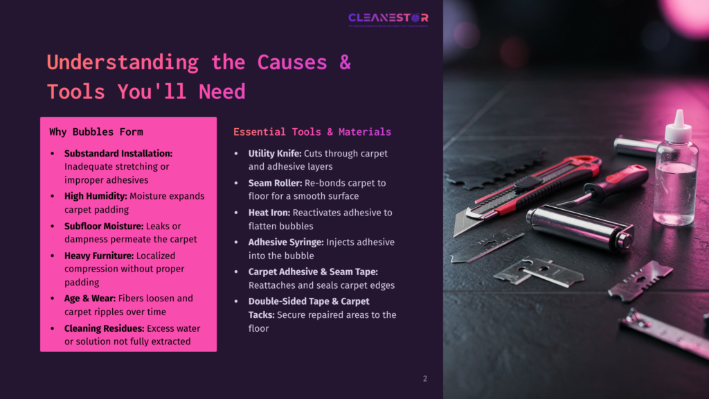 2 Understanding The Causes And Tools Youll Need A Graphic Displaying The Causes Of Carpet Bubbles And The Essential Tools And Materials Needed For Repair, Including A Utility Knife, Seam Roller, Heat Iron, Adhesive Syringe, Carpet Adhesive And Seam Tape, And Double-Sided Tape.